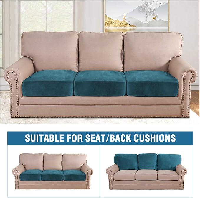 H.VERSAILTEX Velvet Stretch Couch Cushion Cover Plush Cushion Slipcover for Chair Loveseat Sofa Cushion Furniture Protector Seat Cushion Sofa Cover (3 Piece Sofa Cushion Covers, Deep Teal)-Ruum Studio Home