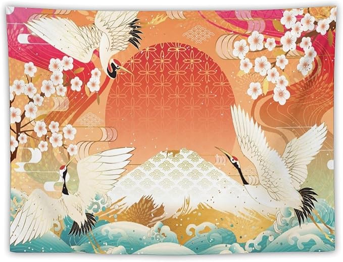 HZOHNAGO Japanese Tapestry Cherry Blossom Crane Sea Wave Fuji Mountain Red Sun Pattern Printed Wall Tapestry Painting Wall Hanging for Bedroom Living Room Dorm 40" W x 30" H-Ruum Studio Home