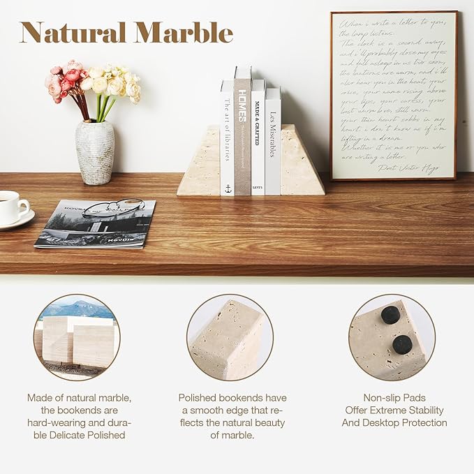 Travertine Bookends for Heavy Books, Marble Decorative Bookends for Shelves, Heavy-Duty Stone Book Ends for Hardback Book & Cookbooks, Unique Book Stopper & Holder, Travertino Italy-Ruum Studio Home