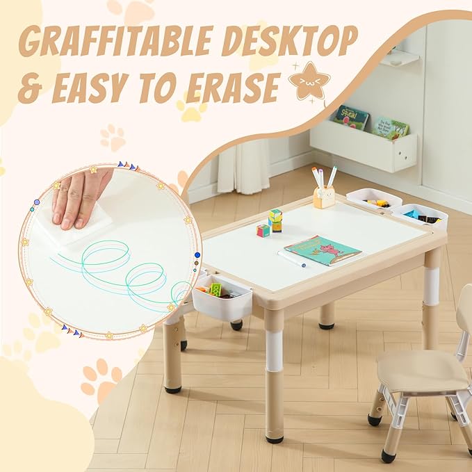 Multi Functional Kids Table and 2 Chairs Set, Graffiti & Building Blocks Double-Sided Tabletop, Toddler Play Table with Drawers, Large Storage Space, Gift for Boys/Girls, Burlywood-Ruum Studio Home
