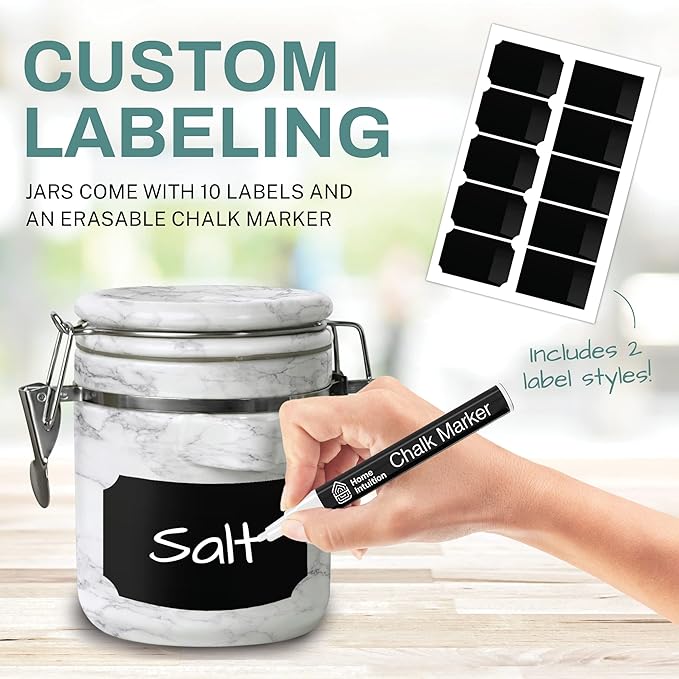 Home Intuition 4-Piece Ceramic Kitchen Canisters Set, Airtight Containers with Wooden Spoons Reusable Chalk Labels and Marker for Sugar, Coffee, Flour, Tea (White Marble)-Ruum Studio Home