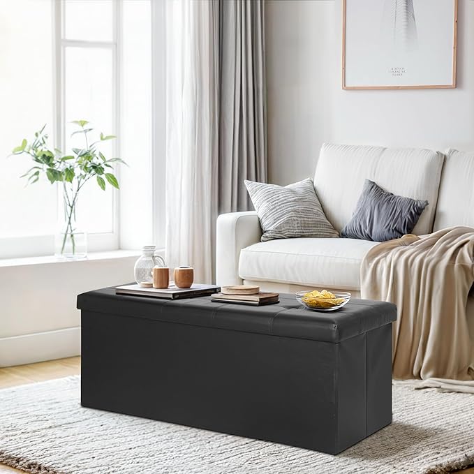 SUPER DEAL 43 Inch Folding Storage Ottoman Bench, Faux Leather Storage Chest Shoes Bench with Divider Padded Seat Couch Footrest for Bedroom Entryway, 660 lbs Capacity 43"x 15"x 15", Black-Ruum Studio Home