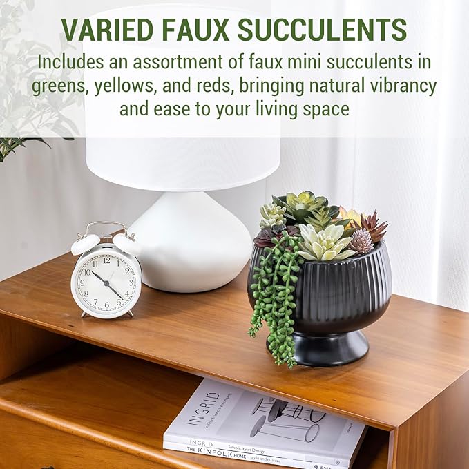 MyGift 8 Inch Modern Green Artificial Succulent Arrangement Potted in Matte Black Fluted Ceramic Round Planter, Decorative Plant Pot with Assorted Faux Mini Succulents-Ruum Studio Home