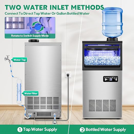 Commercial Ice Maker Machine 130Lbs/24H with 30Lbs Ice Capacity, 45Pcs Clear Ice Cubes Ready in 8-15Mins, Stainless Steel Under Counter Freestanding Large Ice Machine, 2 Water Inlet Modes-Ruum Studio Home