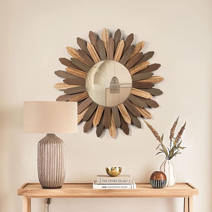 Honiway Boho Wall Decor 21 inch Wall Mirror Rustic Wood Decorative Mirror for Room Decor Rustic Home Decor Farmhouse Wall Decor at Living Room Bedroom Bathroom Hallway Trilcolor-Ruum Studio Home