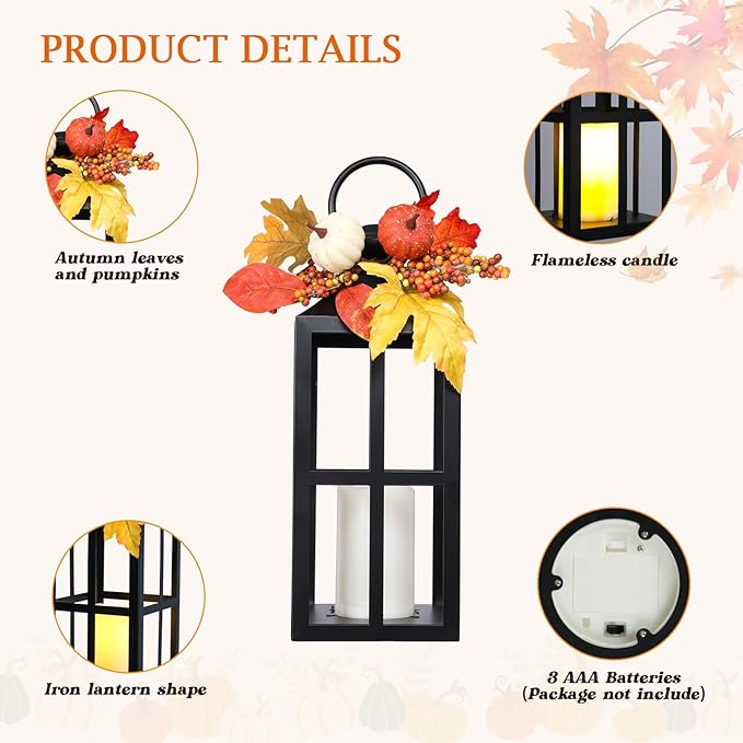 Fall Decorative Lanterns Outdoor, Waterproof 17.7" Decorative Lantern Indoor Decor Metal Hanging Candle Holder LED Flameless Candle Lantern for Patio, Porch, 2 Packs-Ruum Studio Home