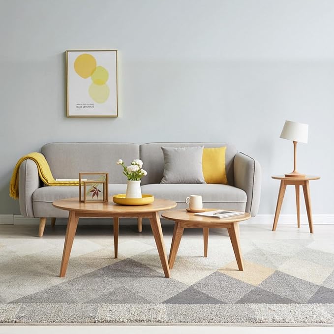 100% Solid Oak Wood Coffee Table Set, Round Coffee Table Combo Side Table w/Solid Wood Legs, Mid Century Table Sturdy Tables for Bedroom Balcony Living Room (Natural, 3 Pieces)-Ruum Studio Home