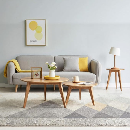 100% Solid Oak Wood Coffee Table Set, Round Coffee Table Combo Side Table w/Solid Wood Legs, Mid Century Table Sturdy Tables for Bedroom Balcony Living Room (Natural, 3 Pieces)-Ruum Studio Home