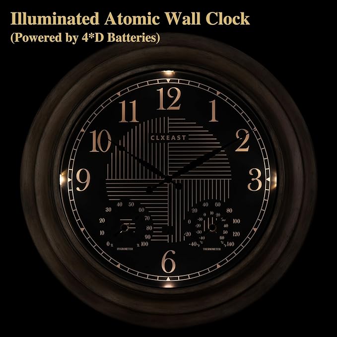 CLXEAST 24 Inch Self-Illuminated in/Outdoor Atomic Wall Clock with Temperature and Humidity, Oversized Large 24 Inch Wall Clocks for Living Room Decor, Brushed Grey Oak Wooden Finish-Ruum Studio Home