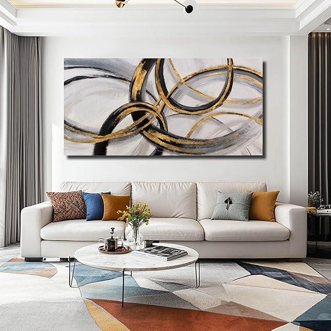 SOUGUAN Living Room Decor for Wall Abstract Wall Art 30x60in Black and Gold Wall Art Round Ring Wall Decoration for Bedroom Dining Room Home Office Ready to Hang-Ruum Studio Home