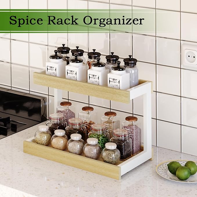 MARTY 2 Tier Spice Rack Organizer for Countertop, 15.8''L Coffee Station/Bathroom Organizer Countertop, Counter Shelf Desktop Storage Organizer for Kitchen, Bedroom, Office-Ruum Studio Home