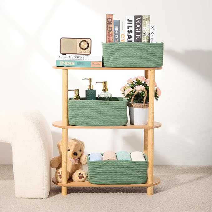 Small Storage Baskets for Organizing | Closet Organizer Bins | Shelf Toy Basket | Woven Rope Baskets | Cube Decorative Box | Shallow Basket | 13x8.5x5.1” | 3 Packs Green-Ruum Studio Home