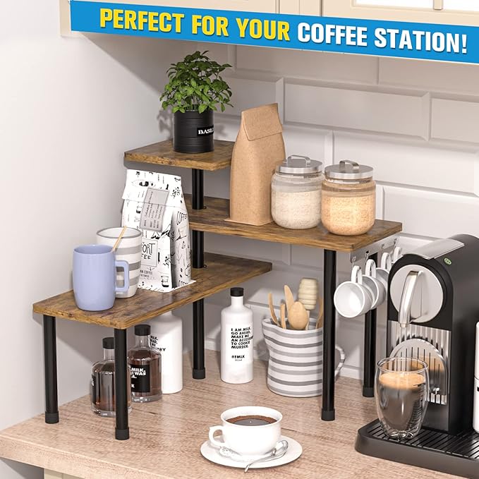 JayRex Countertop Organizer Organization, 3 Tier Moveable Corner Shelf Organizer for Kitchen, Bathroom, Spice Rack, Coffee Area, Over Sink, Dresser Table (Rustic Brown)-Ruum Studio Home