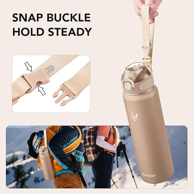 Enerbone 32 oz Insulated Water Bottle, Stainless Steel Bottle with Carrying Strap, Double-Wall Vacuum Insulation Design, Leakproof Sports Bottle with Straw, Keep Drinks Cold or Hot for Hours-Ruum Studio Home