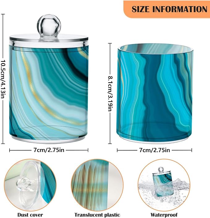 2 Pack Qtip Holder Dispenser Teal Turquoise Blue Marble Bathroom Storage Canister Lid Acrylic Plastic Apothecary Jar Set Vanity Makeup Organizer for Cotton Swab/Ball/Round Pads, Floss-Ruum Studio Home