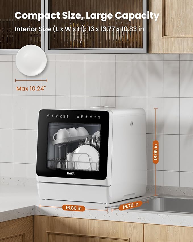 HAVA 2025 NEW Upgraded Countertop Dishwasher with Water Softener and Enhanced Energy Efficiency, Portable Dishwasher with 8 Wash Programs, Child Lock & Delayed Start Function, No Installation Needed-Ruum Studio Home