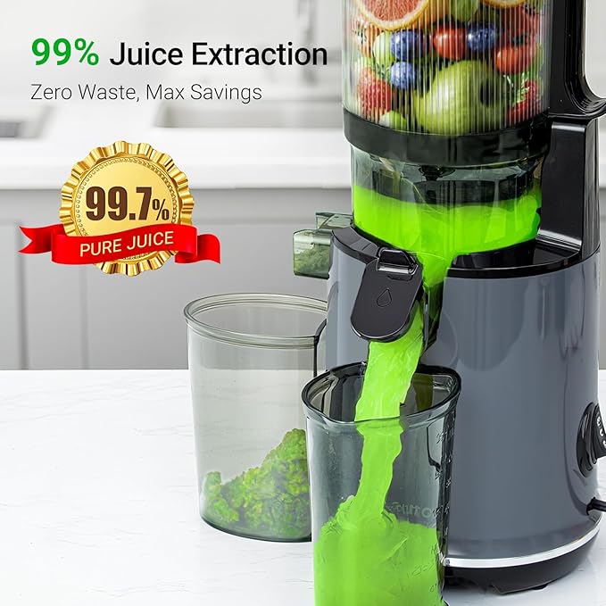 Juicer Machines,Aeitto Cold Press Juicer with 5.3“ Extra Large Feed Chute for Whole Fruits & Vegetables, Slow Masticating Juice Extractor, Self Feeding, Easy to Clean, High Juice Yield, Grey-Ruum Studio Home