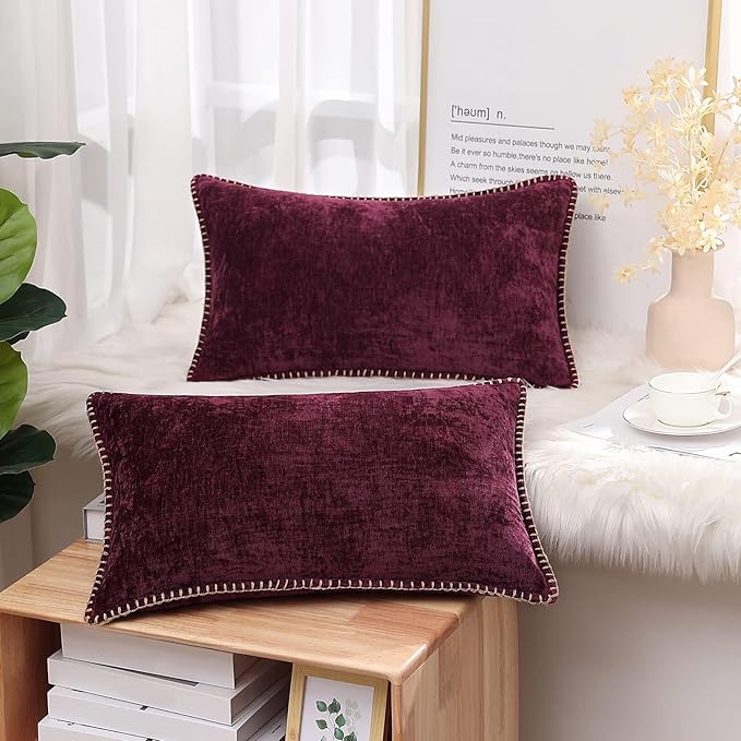 decorUhome Chenille Soft Throw Pillow Covers 12x20 Set of 2, Lumbar Velvet Farmhouse Neutral Decorative Euro Pillow Covers with Stitched Edge for Couch Sofa Bed Home Decor, Rhododendron-Ruum Studio Home