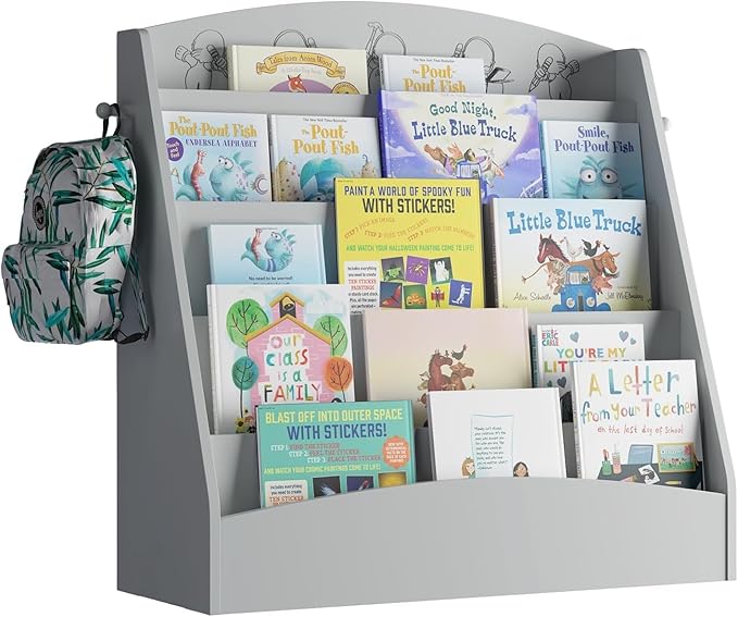 5-Tier Kids Bookshelf Montessori Toddler Book Rack Baby Bookcase Floor Front Facing Magazine Display Shelf for Bedroom Playroom Nursery Classroom Kindergarten Wood (Gray)-Ruum Studio Home