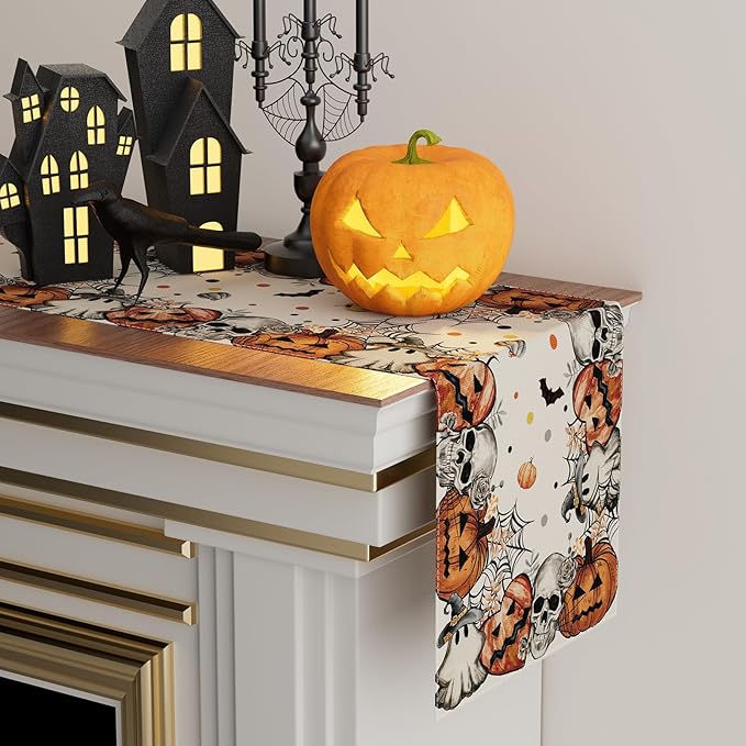 XCHI Spooky Skeleton Ghost Pumpkin Halloween Table Runner Party Table Decoration for Home Kitchen Dining Holiday Decor 13x48 Inch-Ruum Studio Home