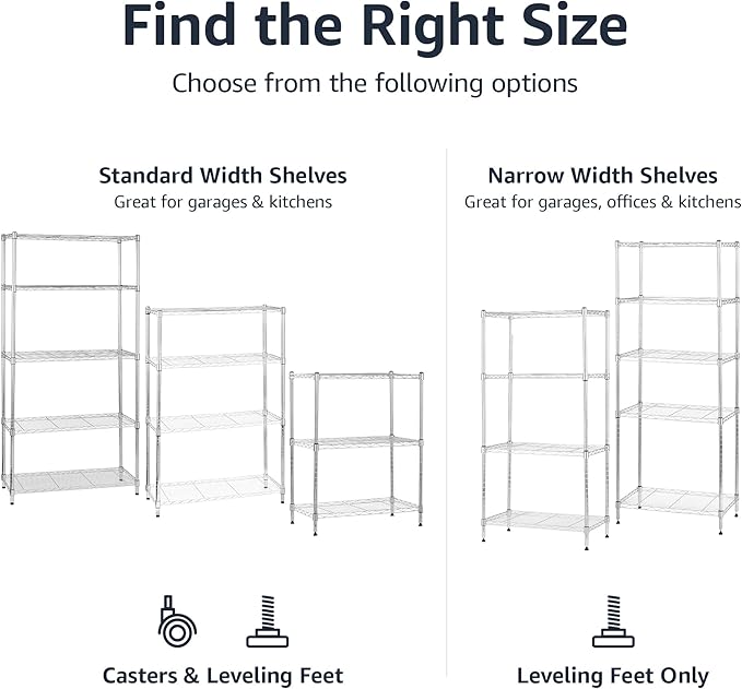Amazon Basics 4-Shelf Adjustable, Storage Shelving Unit, (200 Pound Loading Capacity per Shelf), Steel Organizer Wire Rack, 13.4"D x 23.2"W x 48"H, Chrome-Ruum Studio Home