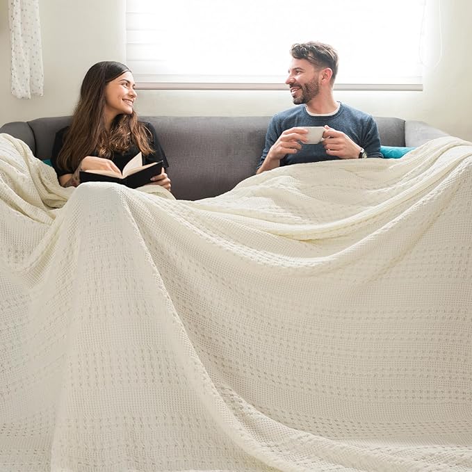 PHF 100% Cotton Waffle Blanket Oversized King 120"x120", Lightweight Breathable Extra Large 10'x10' Summer Blankets for Bed, Giant Big Luxury Aesthetic Woven Bedding for Home Decor, Ivory-Ruum Studio Home