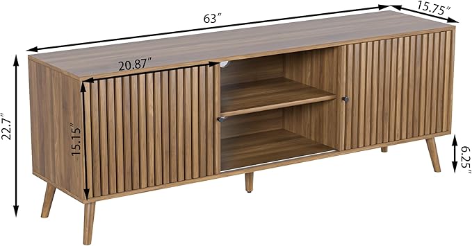 Mid Century Modern TV Stand for Televisions up to 70 Inches, with Sliding Doors and Storage, Television Stands, TV Consoles, Media Consoles for Living Room, 63 Inch (Walnut)-Ruum Studio Home