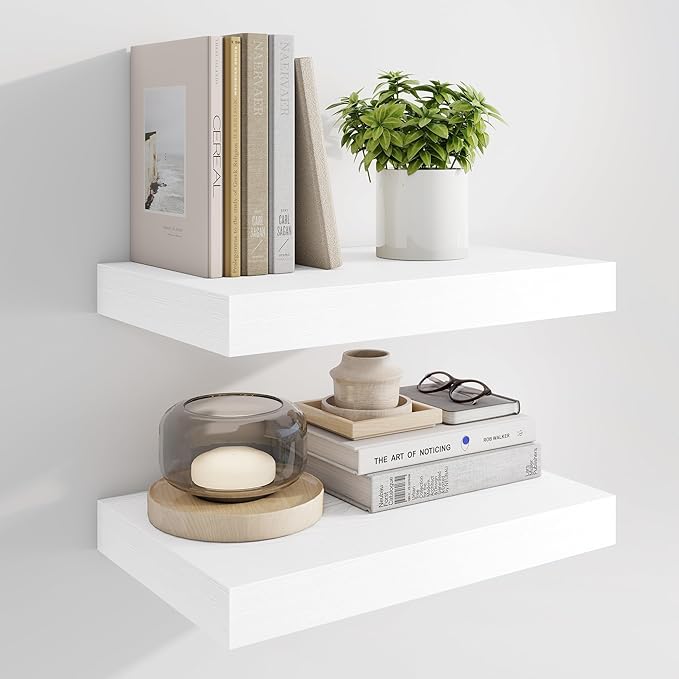 Marsmiles 16" Floating Shelves for Wall, Wooden Shelves with Invisible Brackets Set of 2, Rustic Farmhouse Wall Mounted Shelf for Kitchen Bathroom Living Room Study, White-Ruum Studio Home