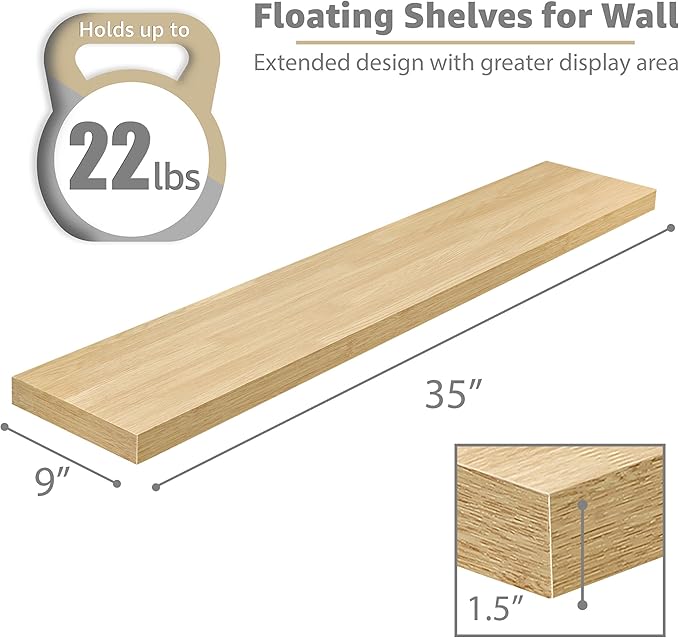 Sorbus Floating Shelves for Wall - 35 Inch Long Bathroom Shelves, Wall Decor for Bedroom, Kitchen, Living Room & Book Storage - Mounted Floating Shelf with Invisible Brackets (Maple Wood, 3 Pack)-Ruum Studio Home
