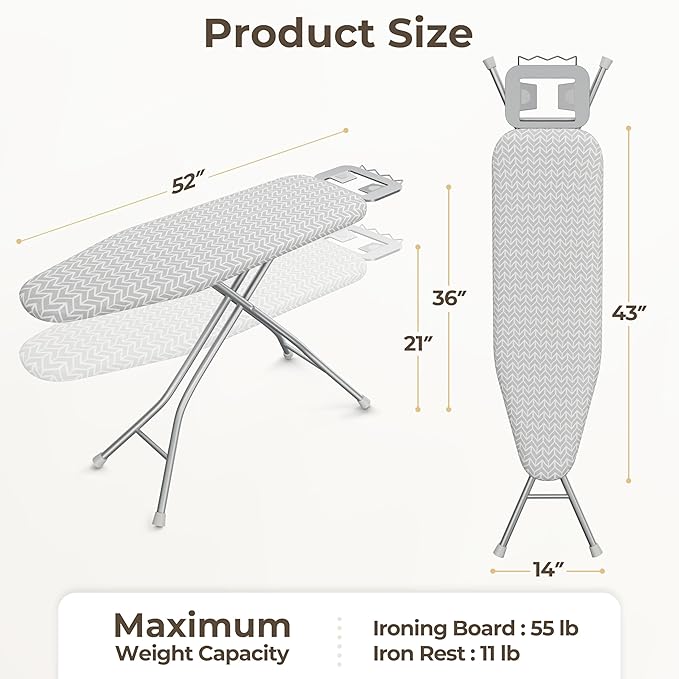 Yaheetech Foldable Ironing Board, Heavy Duty Iron Board with 9 Adjustable Heights, 4 Layer Cover and Safety Iron Rest, 52X14 Compact and Space Save Iron Board for Home Laundry Room Use, Gray&White-Ruum Studio Home