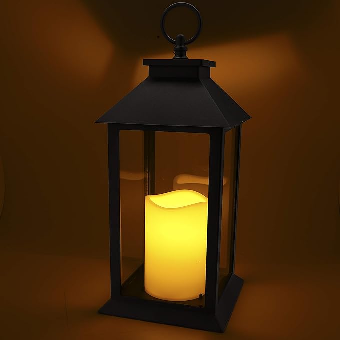 YAKii Hanging Glass Panes Lantern Portable Led Candle Light Operated by 3AAA Battery Use for Garden Yard, Indoor & Christmas Day Decoration etc (Black 2PCS)-Ruum Studio Home