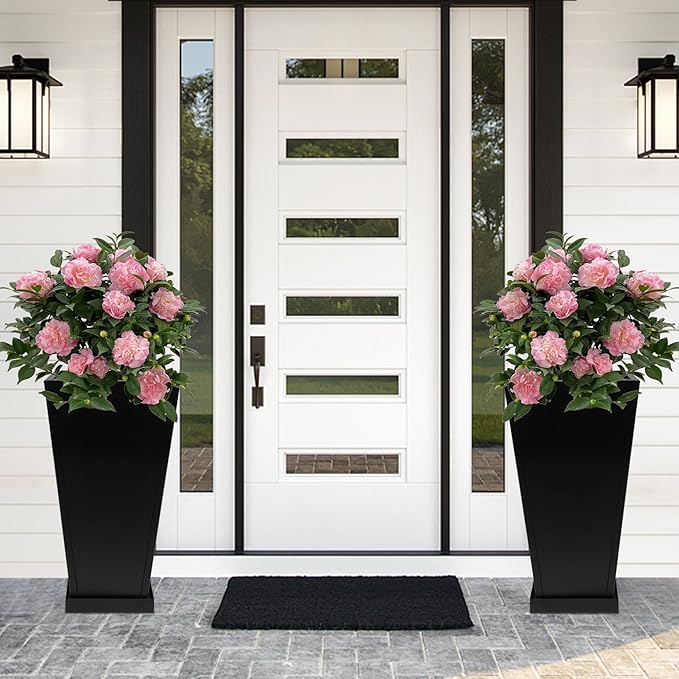 Metal Planter 30" H - 2 Pack, Tall Planters with Removable Insert Shelve & Saucer Trays, Metal Outdoor Planters for Porch, Garden, Patio, Yard (Black)-Ruum Studio Home