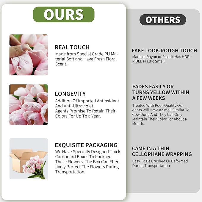 Buart Artificial Tulip in Bulk for Home Kitchen Wedding Bridal Bouquet,Fake Flowers for Valentine's Day Mother's Day Easter Table Centerpieces Decorations(Large Size,Pink,Real-Touch,12pcs)-Ruum Studio Home