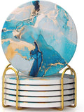 6 Pcs Light Blue Marble Abstract Ceramic Coasters with Holder Best Round Drink Absorbent Coasters for Desk, Lounge, Coffee, Wine, Beverage, Dining Table Decor, Bar Coaster Set-Ruum Studio Home