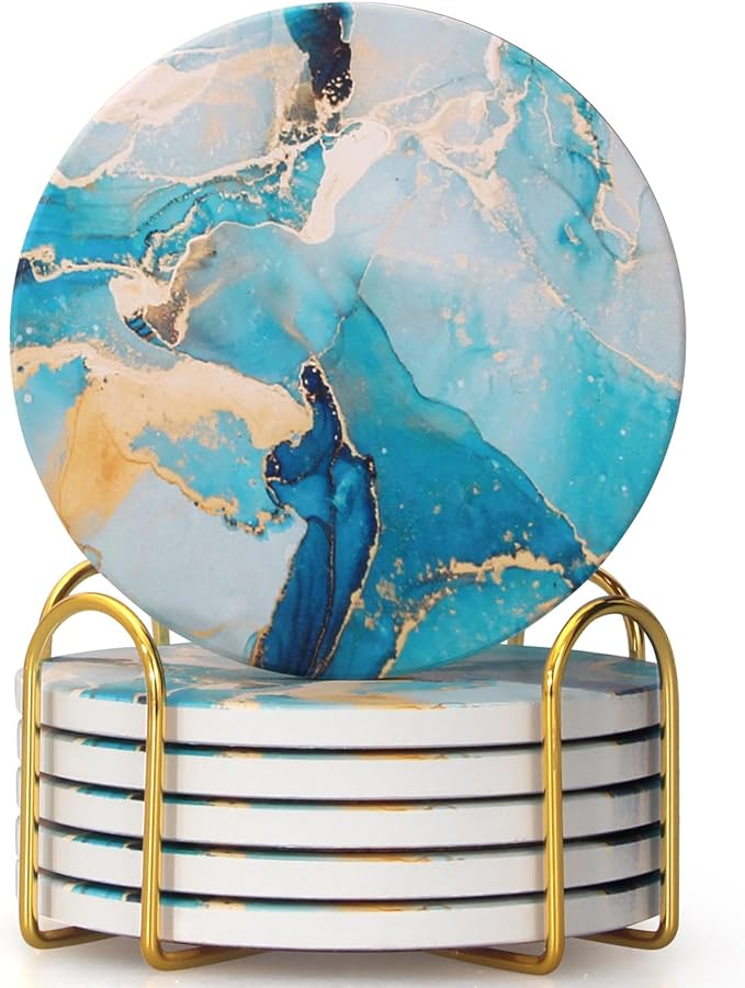 6 Pcs Light Blue Marble Abstract Ceramic Coasters with Holder Best Round Drink Absorbent Coasters for Desk, Lounge, Coffee, Wine, Beverage, Dining Table Decor, Bar Coaster Set-Ruum Studio Home