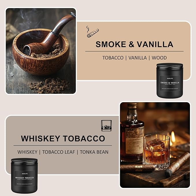 2 Pack Candle | Smoke & Vanilla + Whiskey Tobacco - Candles for Men - Masculine Candle, Soy Candles for Home Scented - Gifts for Men, Home Fragrance Manly Gifts - Each of 7oz-Ruum Studio Home