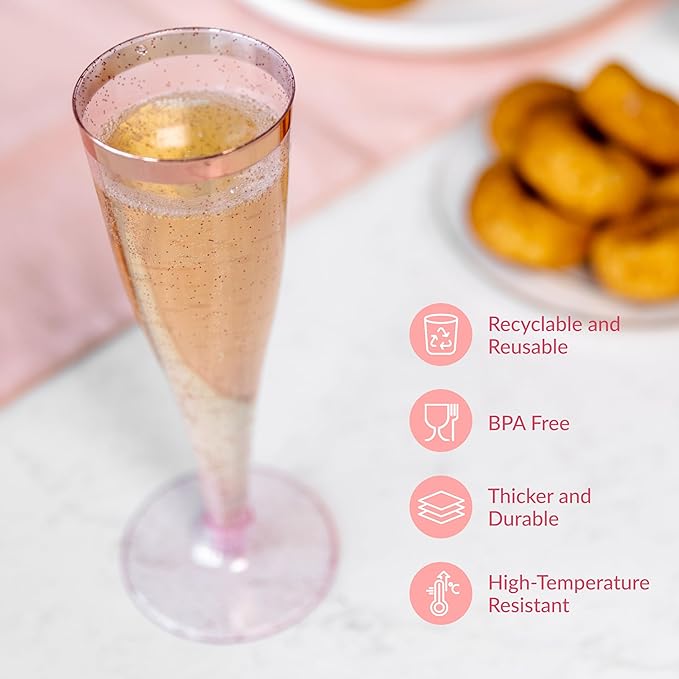 Prestee Set of 24 Plastic Champagne Flutes Disposable - Silver Glitter Pink Champagne Glasses with Rose Gold Rim, Elegant Toasting Cups for Weddings, Cocktail Parties, New Year's Celebrations-Ruum Studio Home