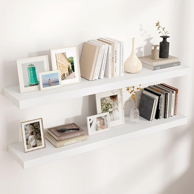 Floating Shelves for Wall, 2 Large Wall Mounted Shelves with Invisible Brackets, Long Wood Floating Wall Shelf Shelves for Living Room, Bedroom, Kitchen, (White, 48" W x 9" D x 1.5" H)-Ruum Studio Home