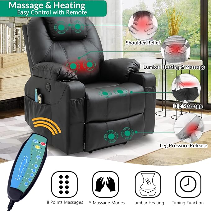 VIVIJASON Power Lift Chair Electric Recliner for Elderly Heated Vibration Massage Faux Leather Recliner Chair with 2 Remote Controls, Cup Holders, Side Pockets & USB Ports for Living Room (Black)-Ruum Studio Home