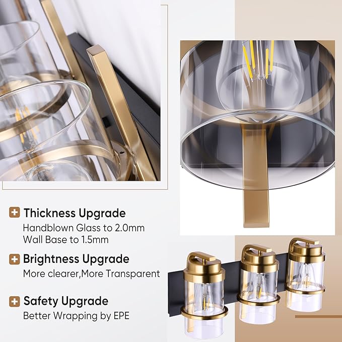 Black Gold Vanity Lights,3 Lights Bathroom Light Fixtures,Gold Finish Industrial Modern Wall Sconces 3 Lights,Bathroom Wall Lights(Bulbs not Included)-Ruum Studio Home