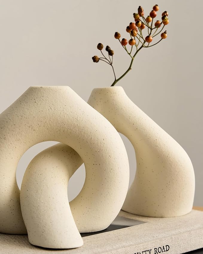 NOBULA White Ceramic Donut Vases – Modern Home Decor for Living Room, Bedroom & Table Centerpiece - Minimalist Nordic – Unique Vases for Olive Plant & Flowers – Decorative Coffee Table Vase Set of 2-Ruum Studio Home
