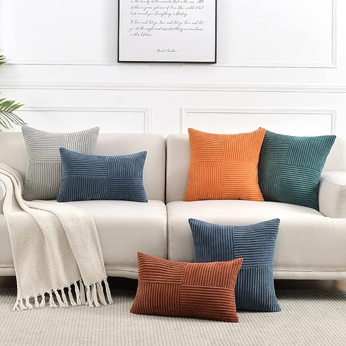 Fancy Homi 2 Packs Grey Decorative Throw Pillow Covers 18x18 Inch for Living Room Couch Bed Sofa, Rustic Farmhouse Boho Home Decor, Soft Corss Corduroy Patchwork Textured Square Cushion Case 45x45 cm-Ruum Studio Home