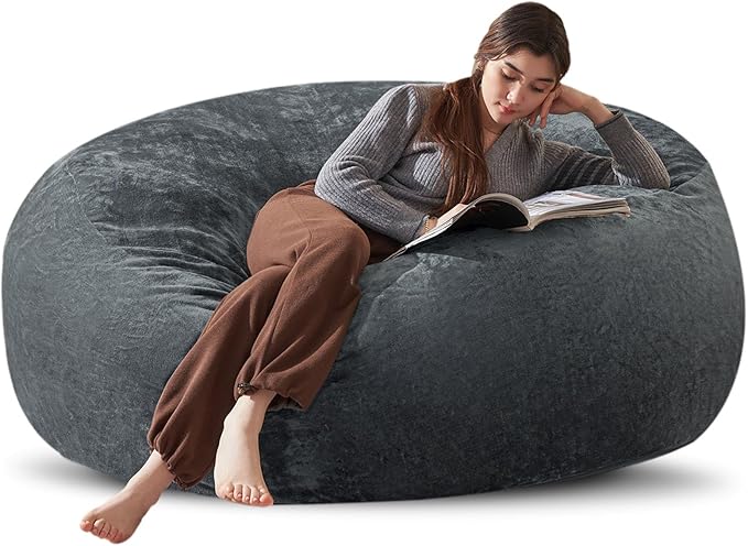 Bean Bag Chair 6Ft, Memory Foam Filled, Large Beanbag Chairs for Adults and Teens, Soft Sofa with Removable Flannel Cover, Round Couch for Living Room Bedroom College Dorm (Dark Gray, 6FT-67×67"×24")-Ruum Studio Home