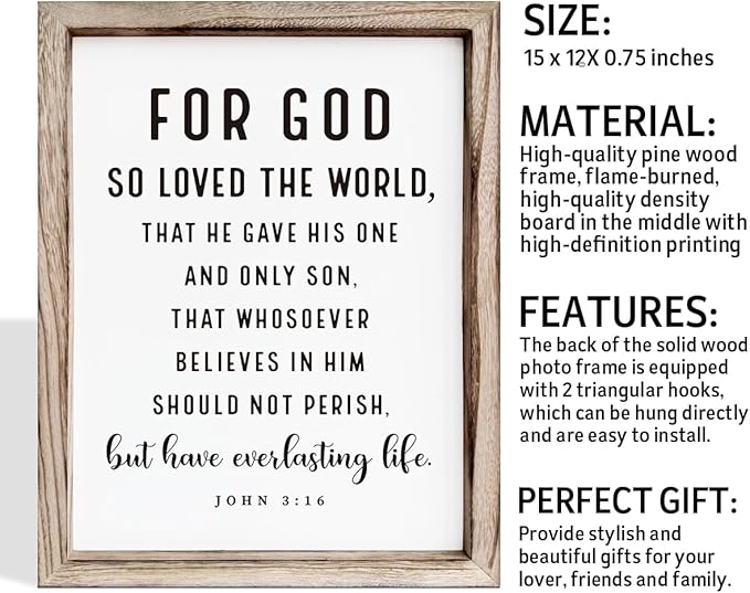 Christian Wooden Sign, Living Room Decors, Bible Verse Decor, Rustic Home Decor, Religious Artwork for Wall, Framed Wall Plaque Sign 15 * 11.5 inches, For God So Loved the World-Ruum Studio Home