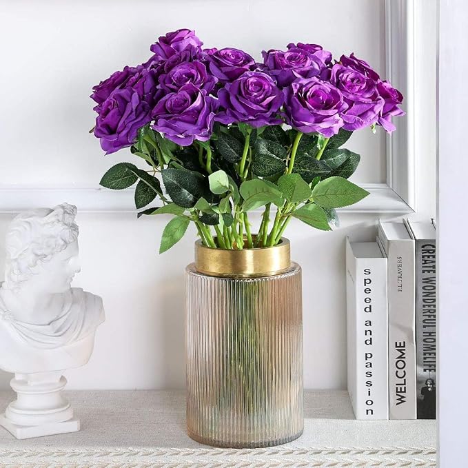 Purple Fake Roses Artificial Flowers - 10 Pcs Fake Artificial Roses Silk Flowers with Stems for Home Wedding Hotel Office Centerpiece Decor-Ruum Studio Home