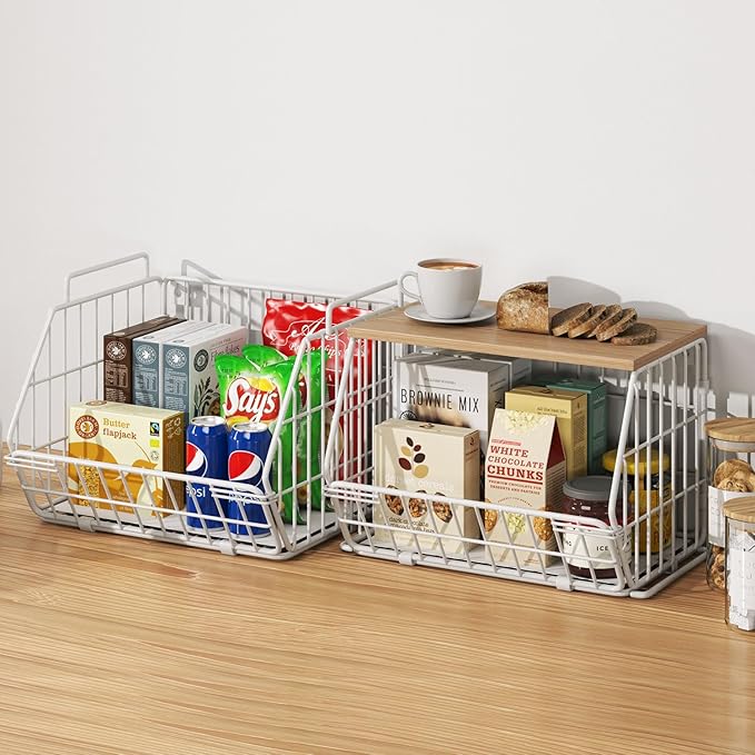 Wetheny 2 Tier Stackable Wall Mounted Wire Basket Fruit Basket with Wood Lid - Kitchen Pantry Organization and Storage, Hanging Storage Basket for fruits, Onion, Potato, Produce, Vegetable (White)-Ruum Studio Home