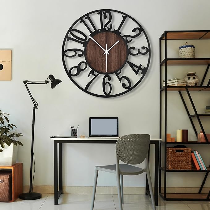 Maxstar Large Round Wall Clock for Living Room Decor Battery Operated Non Ticking Black Metal Wood Clocks for Home Living Room Garden Office Kitchen Decoration -40inch-Ruum Studio Home