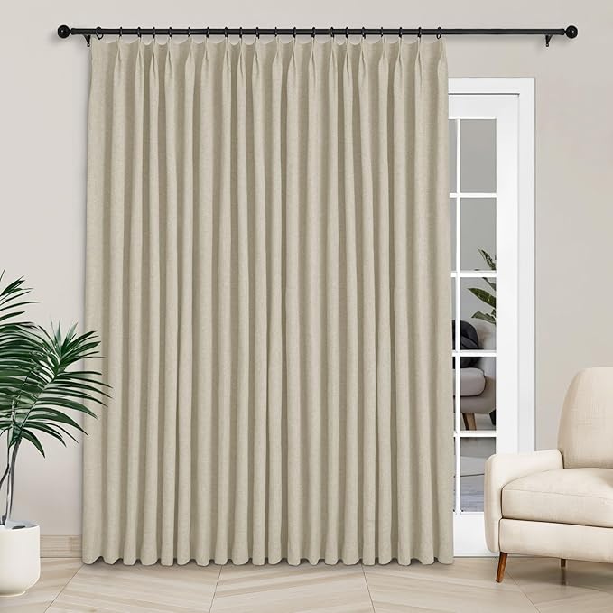 Macochico Extra Wide 100% Blackout Linen Curtains for Sliding Door Pleated Curtains with Hooks Insulated Soft Linen Drapes for Bedroom Living Room with Tieback Beige 100”Wx84”L 1 Panel-Ruum Studio Home
