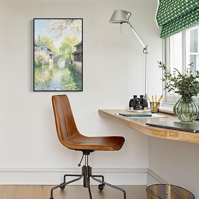 Small bridge stream house Jiangnan style landscape poster suitable for living room bedroom office natural oil painting poster-Ruum Studio Home