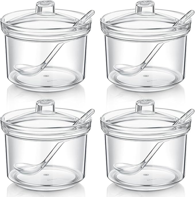 Patelai 4 Pieces Sugar Bowl Acrylic Clear Sugar Bowl with Lid and Salt Spoon Storage Jar with Airtight Lid for Salt, Tea, Spices, Herbs, Condiments(13 oz)-Ruum Studio Home